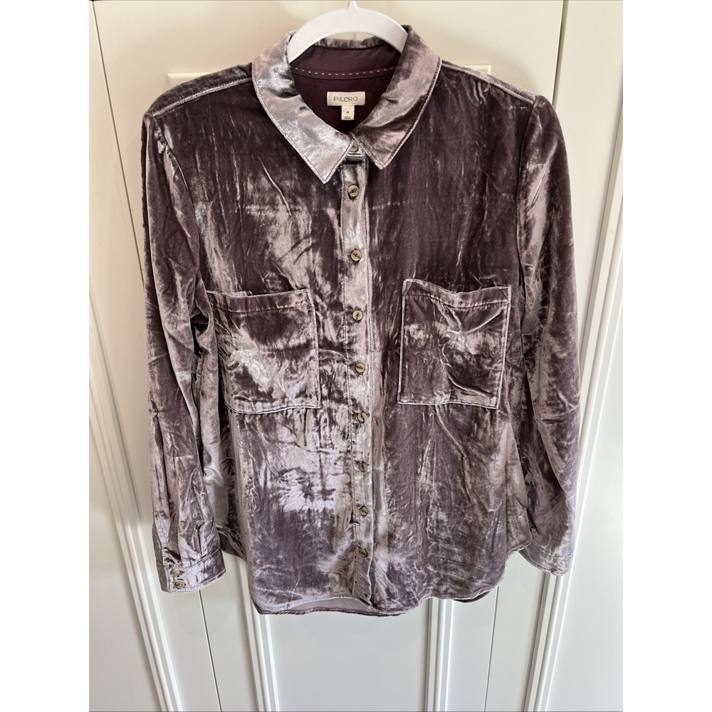 Anthropologie The Hadley Velvet Relaxed Buttondown Shirt by Pilcro Flint Medium - Picture 2 of 7
